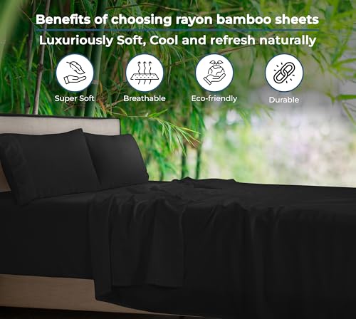 Image of Royale Linen Bamboo Viscose Queen Sheet Set - Cooling Bed Sheet Set - 1 Fitted, 1 Flat & 2 Pillowcase - Fits Up to 16 inch - Organic Viscose Derived from Bamboo - Bedding Sheet & Pillowcase (Queen, Black)