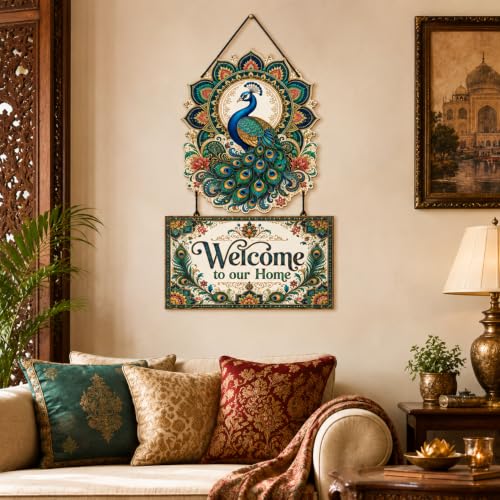 Image of Zesta Wooden Wall Hanging Decorative Items /Hanging Home Wall Decor Items /MDF Decoration Items for Home /Cute Wall Art For Living Room /Home Decor Items Living Room (Welcome To Our Home Peacock)