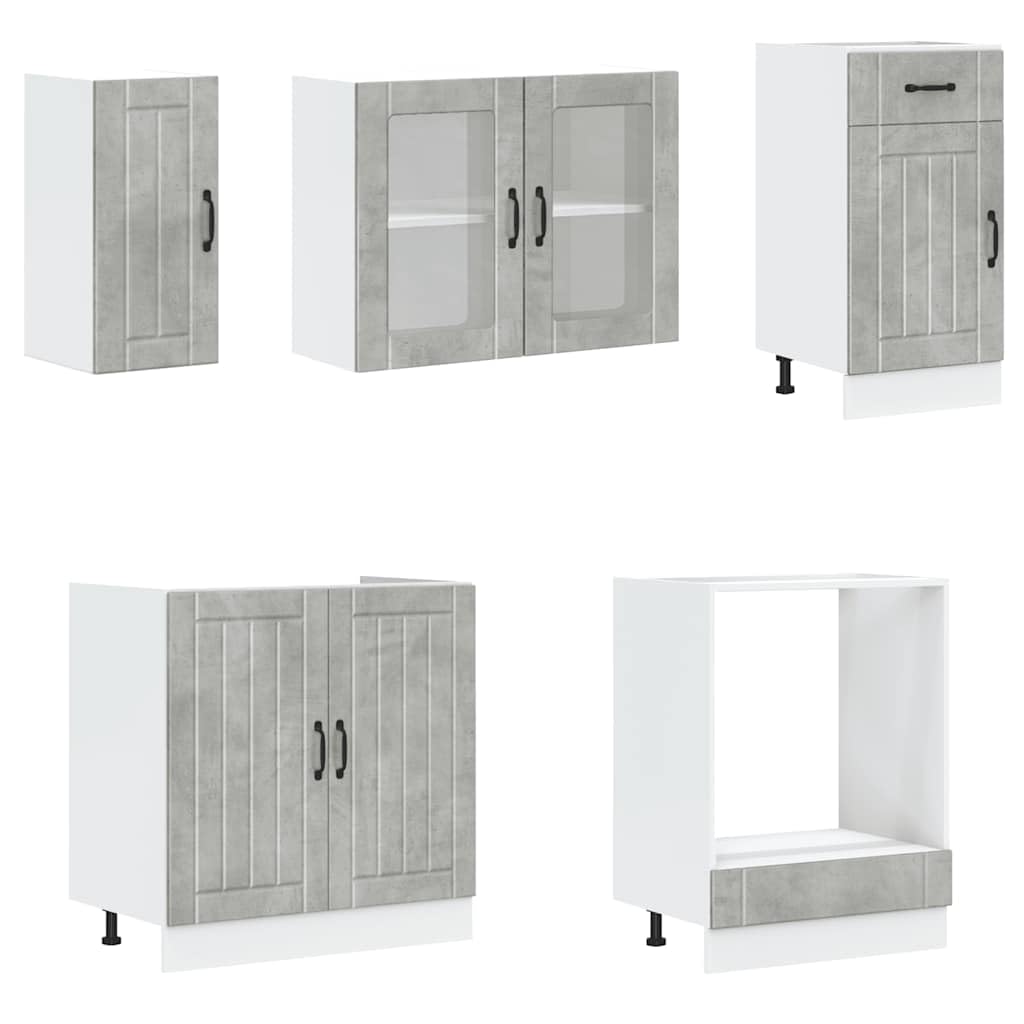 Lucca - Set di 8 mobili da cucina moderni in legno grigio cemento, set completo di mobili da cucina con mobiletti inferiori, pensili e armadietti alti per molto spazio