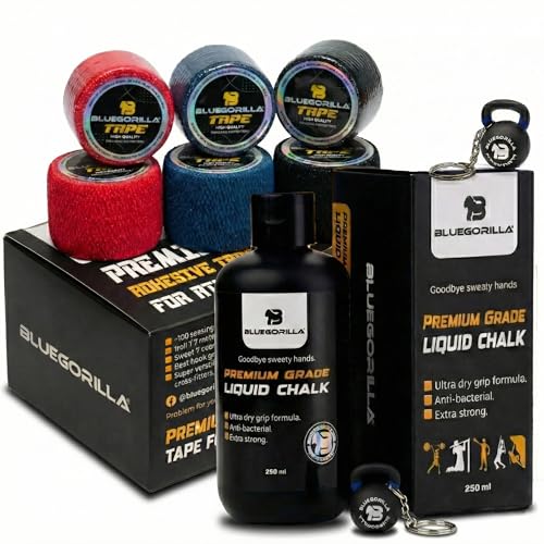 BLUEGORILLA Pack Grip Profesional RX: Magnesio Líquido 250ml + 6 Rollos Tape Deportivo 5cm x 7m - Esparadrapo Maxima adherencia para Entrenamiento Funcional, WOD, Halterofilia - 2 llaveros de Regalo