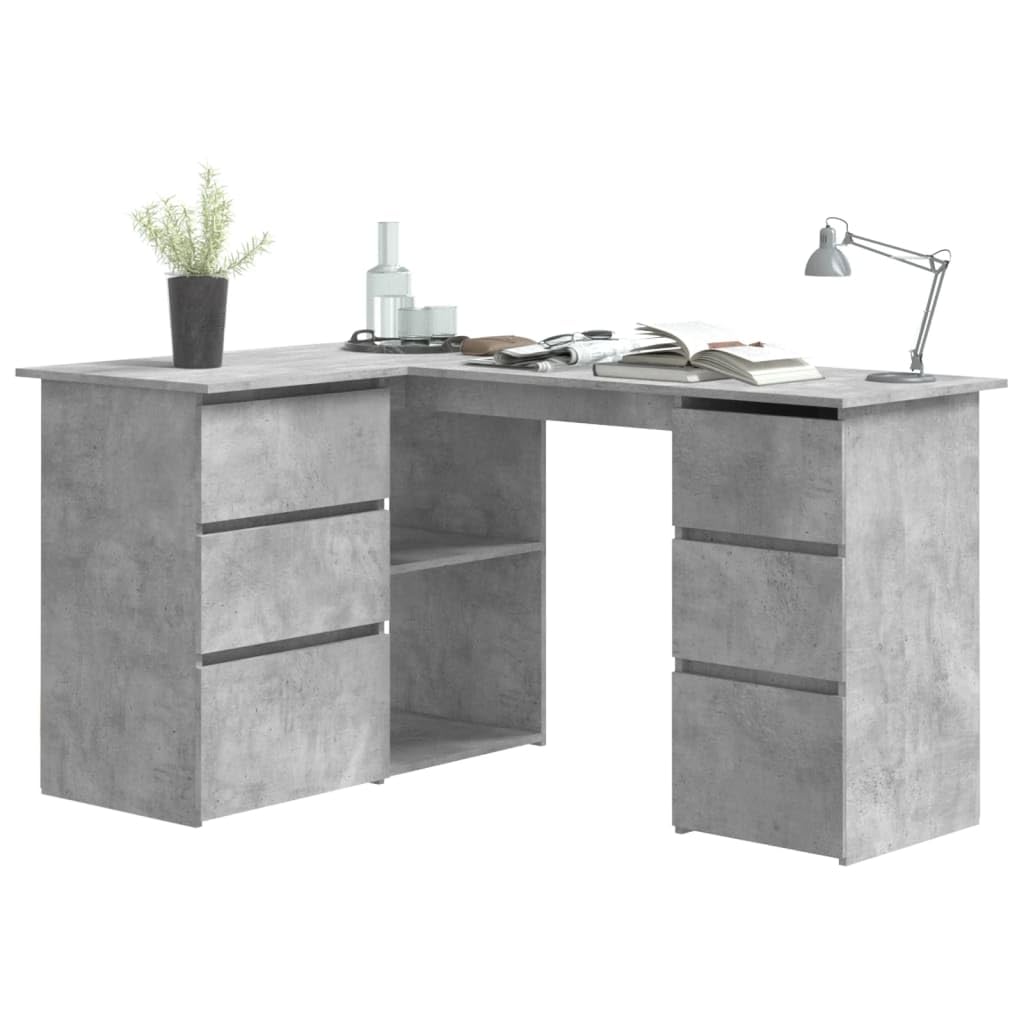 Scrivania angolare in legno grigio cemento, 145 x 100 x 76 cm, con 4 cassetti e spazio portaoggetti, scrivania per computer salvaspazio per ufficio, casa, studio e gaming