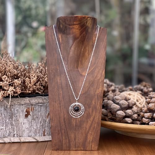 ASTER ALHELÍ – Colgante Mujer Piedra Natural Ágata Negra – Collar Chapado en Platino con Doble Aro y Cadena de Acero Inoxidable – Gema Semipreciosa Amuleto de Protección y Energía