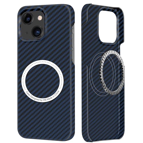 DIMIYER Funda de fibra de carbono para iPhone 14, con textura de carbono, hecha de auténtica fibra de aramida, ultrafina y ligera con magnética, funda para iPhone 14, diseño de fibra de carbono (azul)