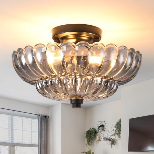 Image of Semi Flush Mount Ceiling Light, 11.8 Inch Black Vintage Hallway Light Fixture with Smoky Gray Glass, Close to Ceiling Light for Bedroom Kitchen Living Room Bathroom Foyer, E26 Base