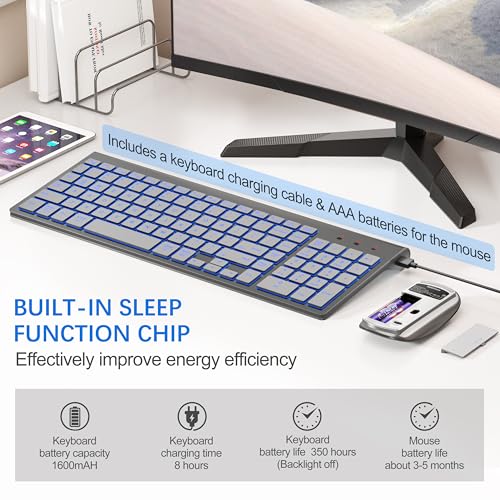 Image of Wireless Backlit Keyboard and Mouse Ultra Slim Combo, TopMate 2.4G Silent Compact 2400DPI Mouse and Scissor Switch Keyboard Set, Batteries Included, for PC /Laptop /Windows /Mac /Gaming - BL Gray Silver