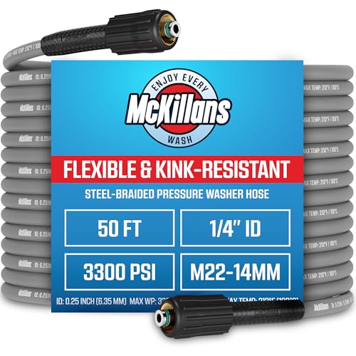 Image of McKillans Pressure Washer Hose 50 ft - Flexible & Kink-resistant - Steel-Braided & Durable- M22-14mm Stainless Steel Plug - Power Washer Hose - High Pressure 1 /4 inch Inner Diameter - Long 50 ft Reach