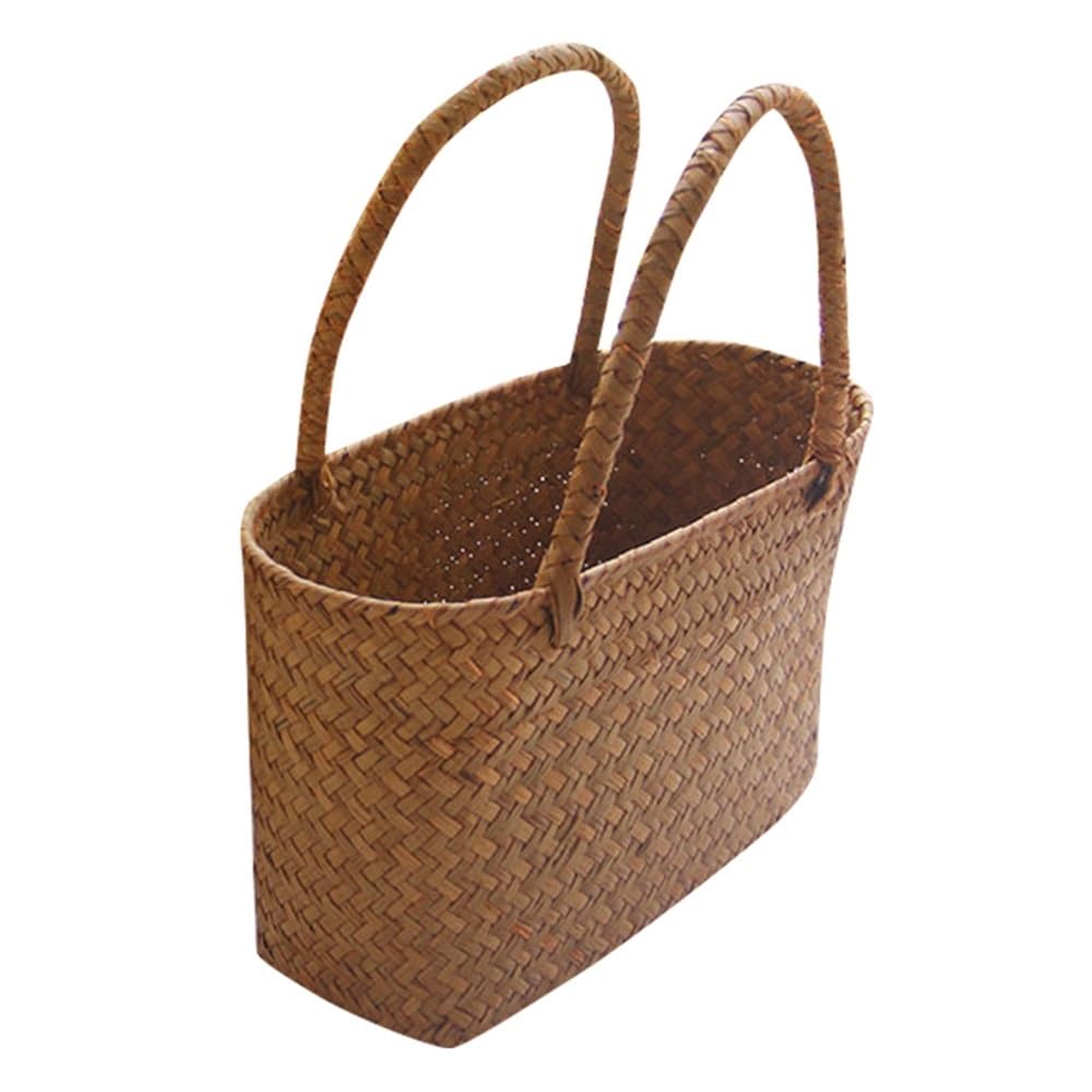 Panier de rangement tissé aux algues jonc de mer naturel vêtements faits à la main panier à linge paille osier rangement rotin pot de fleurs sac de plage (34x14x21cm)