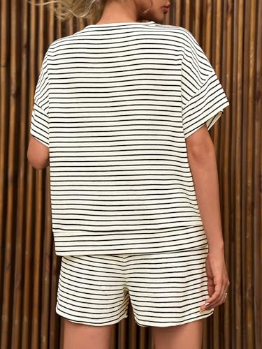 Image of Tankaneo Womens Pajama Sets Striped 2 Piece Lounge Sets Short Sleeve Oversized T Shirts Drawstring Shorts Matching Set