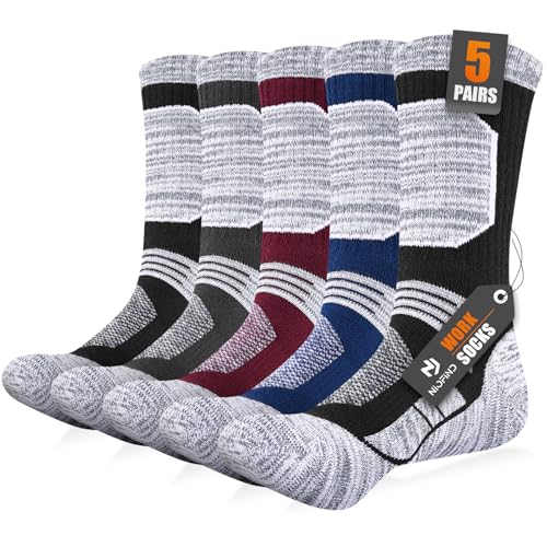 Niofind Mens Work Socks Full Cushioned Hiking Boot Socks Breathable Cotton Outdoor Sports Crew Sock for Walking Cycling Running Multipack 5 Pairs Multicolor 9-11