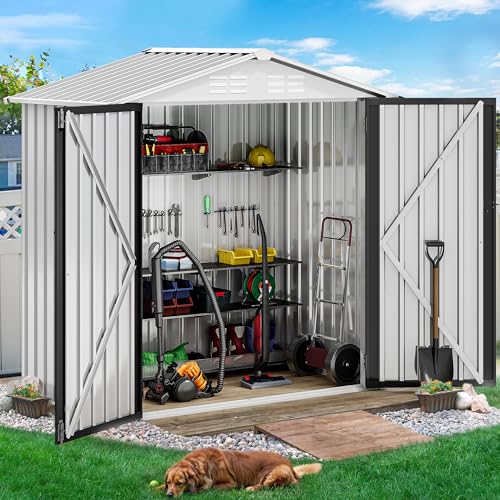 Image of DWVO 6x4ft Metal Outdoor Storage Shed, Waterproof Tool Shed Heavy-Duty Storage Unit with Lockable Door and Vents, Ideal for Bicycles, Tools, Lawnmowers, Backyards, Patios, Lawns - White