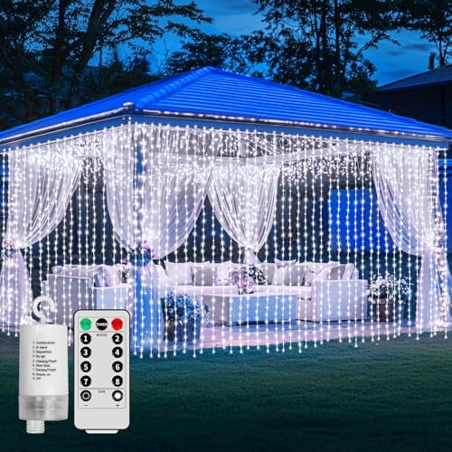 Curtain Lights Battery Powered 10*10Ft 300LED Waterproof Waterfall Light with 8 Modes Remote Dimmable Timer Memory Twinkle Fairy String Lights for Indoor Outdoor Gazebo Wedding Party Pergola Christmas