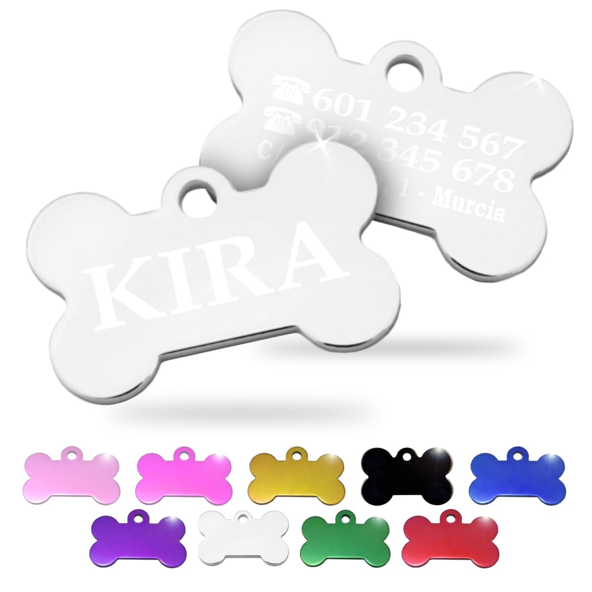 Chapa Perro Grabada en Forma de Hueso, Placa Perro Personalizada para Perros y Gatos Pequeños y Medianos, Tamaño 30 x 20 mm, Chapa Identificativa Perro y Gato (Plateada)