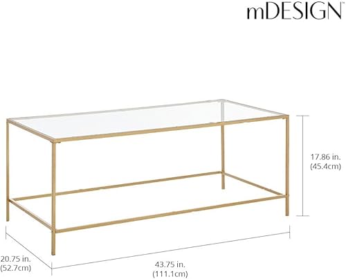 Miniatura 9 de mDesign Mesa de centro con parte superior de cristal, rectangular, rectangular, geométrica, de metal, para sala de estar, sótano, oficina en casa,