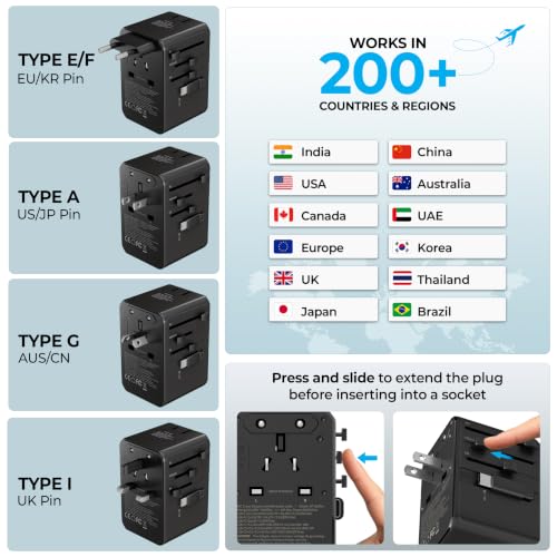 Image of Foxin Rover 70W Universal Travel Adapter 70W GaN Fast Charger, 6 in 1 International Travel Converter, Retractable 90cm Type-C Cable, 2 USB-C, 2 USB-A, 2500W Universal AC Socket, 190+ Countries