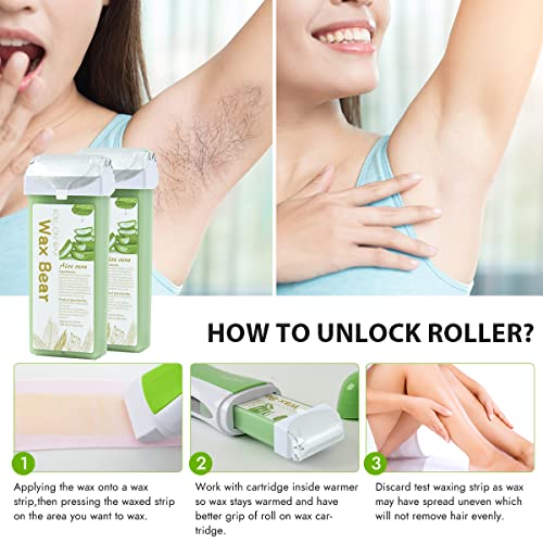 Depilatory Wax Bear Roll On Kit For Sensitive Skin, Soft Wax Heater With 2 Cartridge Refill,10 Wipes And 100 Pcs Wax Strips #TOP4