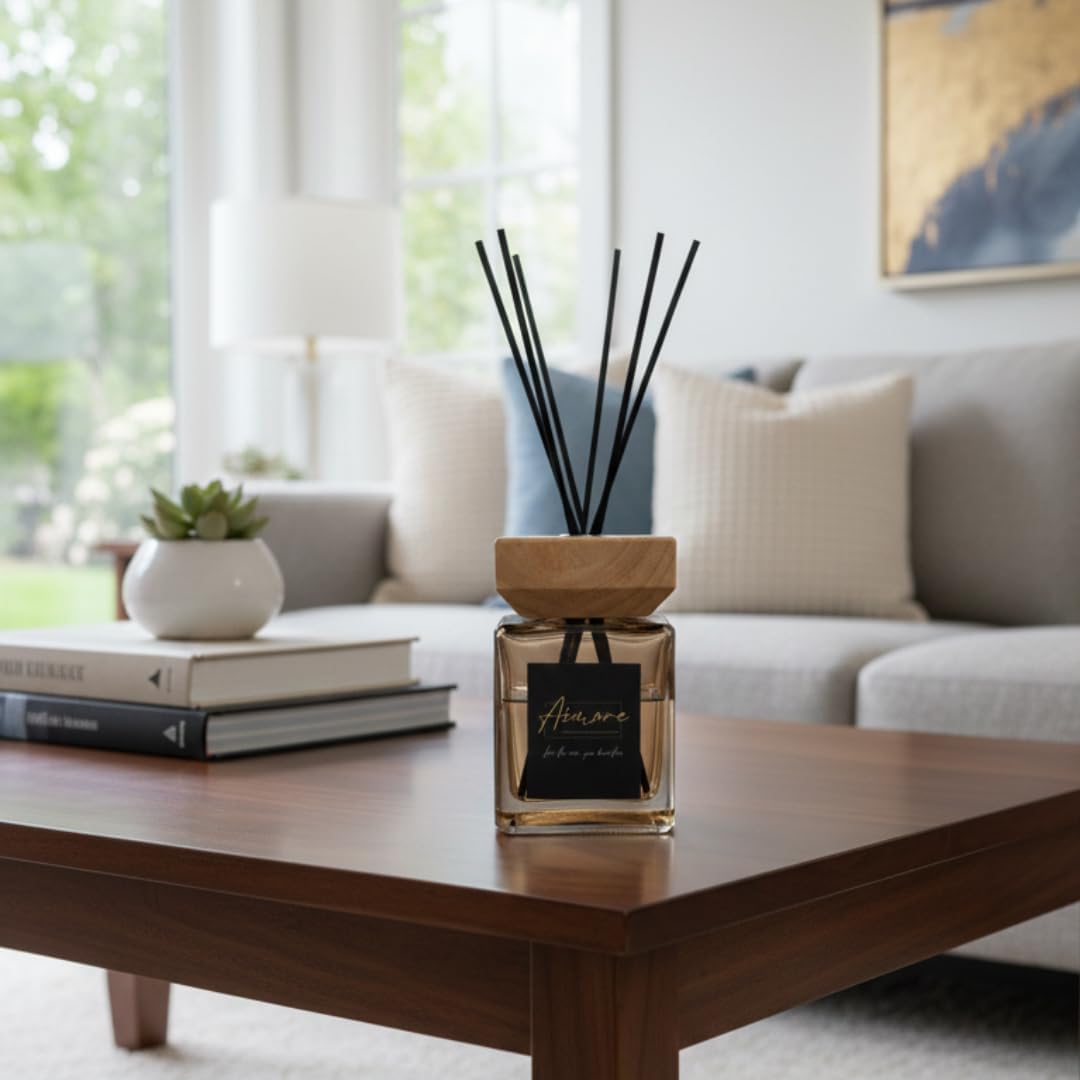 Luxury Reed Diffuser Set, Elegant Home Fragrance with Wooden Lid, Natural Bamboo Fiber Sticks, 14cm Height, 9cm Width, Aromatherapy, Gift Box (Celestial Escape)