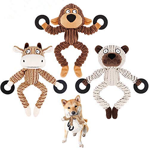 Dog Squeaky Chew Toys Durable 3 Pack Toys Set for Puppy Small Medium Large Dogs Playing Making Fun- Monkey, Bear and Bull