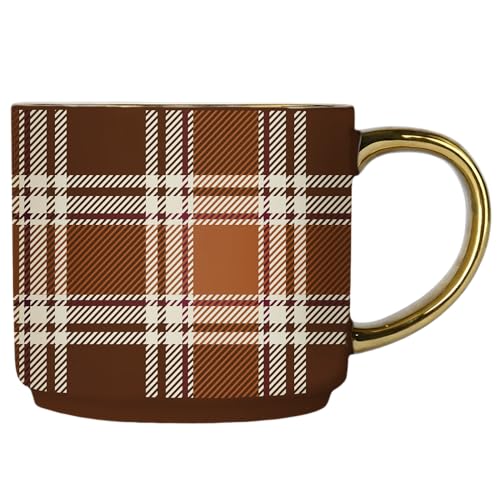 Sweet Water Decor Brown Plaid Mug with Gold Handle, 14oz Fine Bone China Coffee Cup for Tea, Latte, or Hot Cider, Cozy Fall Drinkware, Housewarming & Hostess Gift for Autumn and Thanksgiving