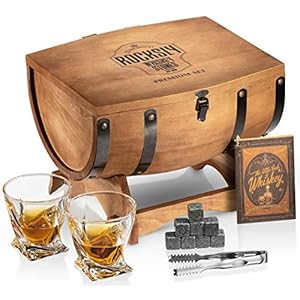 ROCKSLY Whiskey Stones Gift Set for Men in Whiskey Half Barrel Gift Box | 8 Whiskey Rocks, 2 Whiskey Glasses in a…