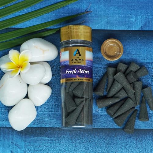 Image of The Aroma Factory Incense Dhoop Cone for Pooja, Fresh Active (100% Herbal & 0% Charcoal) 1 Bottle x 30 Cones