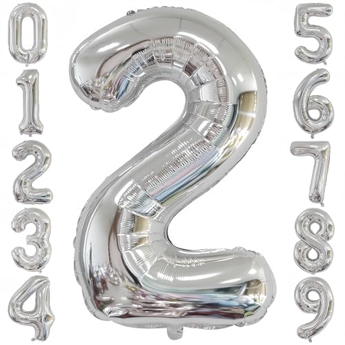 Silver 2 Balloon,40 Inch Number 2 Balloon,2 Birthday Balloon Decorations,Helium Silver 2 Balloon Number for Birthday Party Decorations