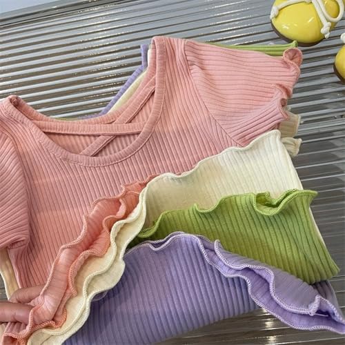 Girls Summer Outdoor Causal Blouse Trendy Ribbed T-Shirt Solid Color Short Sleeve Crossing Neck Shirts Tops2