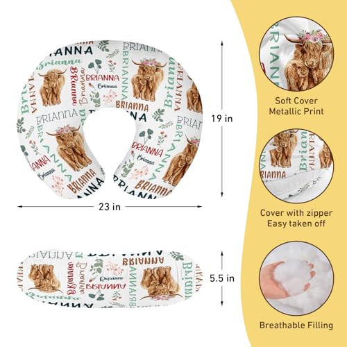 Baby Nursing Pillow Cover - Personalized Name Breastfeeding Pillow Cover with Highland Cow Pattern, Stretchy Removable U-Shaped for New Moms, Soft Breathable Slipcover for Infant Boys Girls