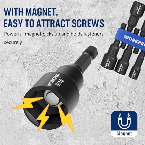 Image of WORKPRO 6 PCS Magnetic Nut Driver Set, 1 /4 inch Hex Shank, Drill Socket Set, Impact Driver Bit Set, 1 /4 inch to 9 /16 inch, Chrome Vanadium Steel, SAE