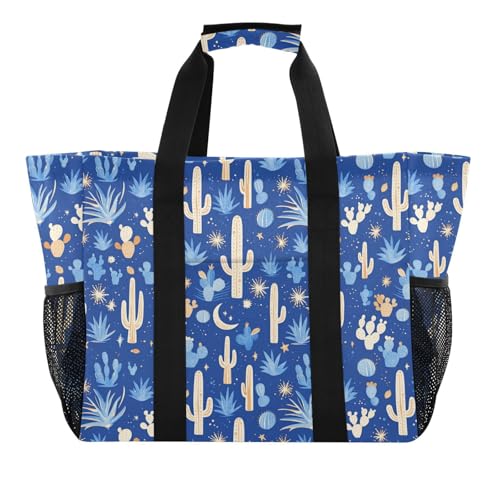 linqin Blue Cacti Polka Dot Tote Utility Bag with Handles Foldable Shopping Bags Reusable with Pockets for Travel