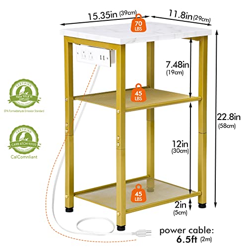 Amhancible End Tables Living Room Set Of 2, White Marble Nightstand With Charging Station, Gold Bedside Table With Usb Ports & Outlets, Night Stands With 3-Tier Shelf For Bedroom Het036Gmb #TOP2