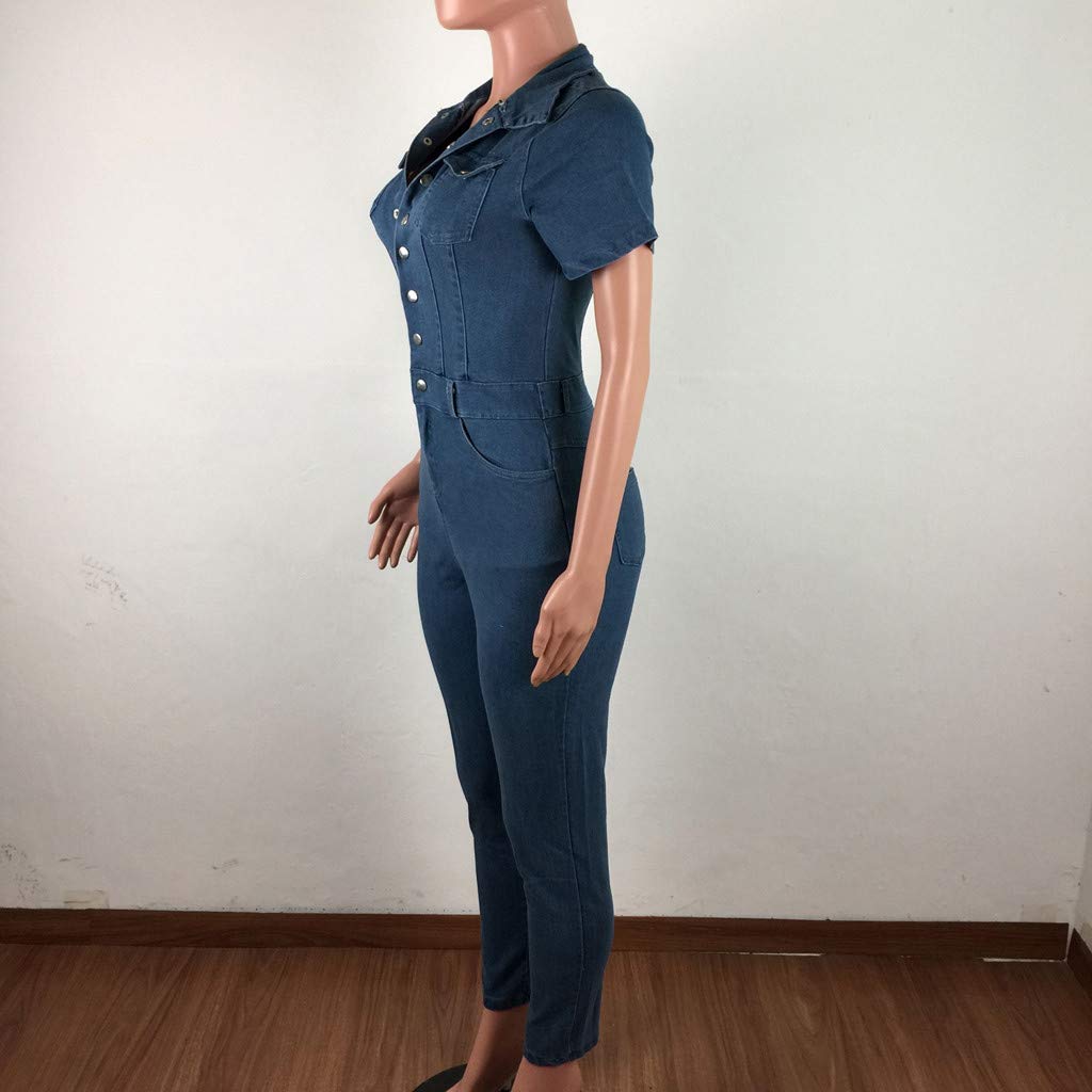 Combinaison en jean pour femme - Manches courtes - Une pièce pour femme - Élégante Curvy - Avec boutonnière - Combinaison d'été multi-poches - Coupe ajustée - Pantalon de travail - Grenouillère