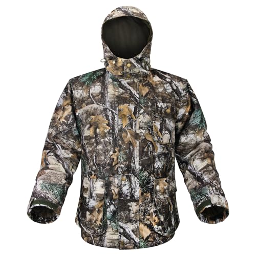 Avizon Herren Jagdjacke mit Kapuze, Grüne Camouflage Wintertauglich mit Warmem Fleecefutter L