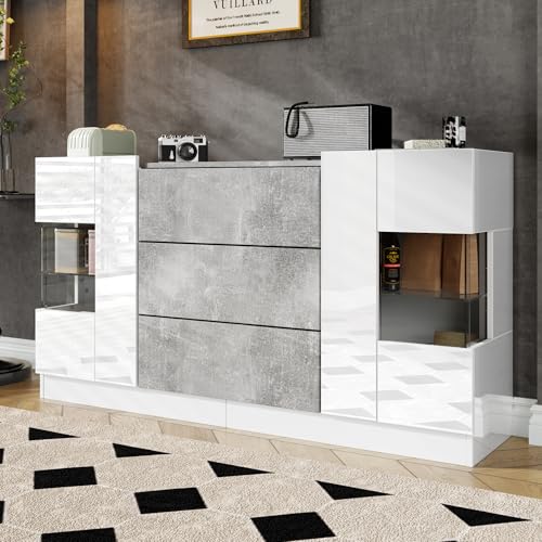 Elegante aparador con 2 puertas y 3 cajones – Frentes blancas de alto brillo y aspecto de mármol gris, iluminación LED con 16 colores, 140x35x75cm