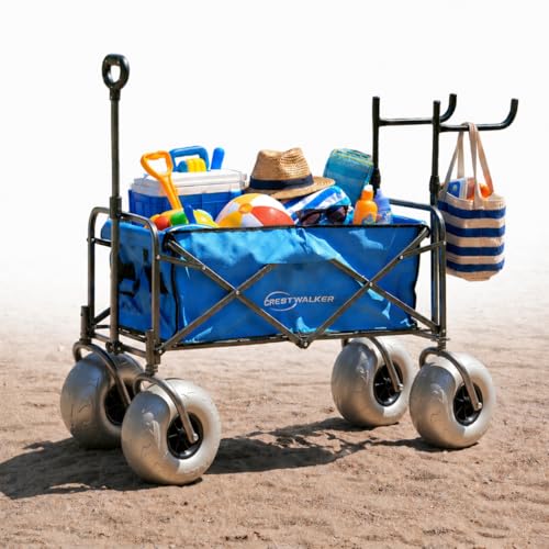 CRESTWALKER Beach Wagon with Balloon Wheels and Folding Chair Racks, Collapsible Cart with Big Wheels for Sand, Heavy Duty 300 lbs Capacity, Folds Thin with Quick-Release Forks (10''x4'' Tire)