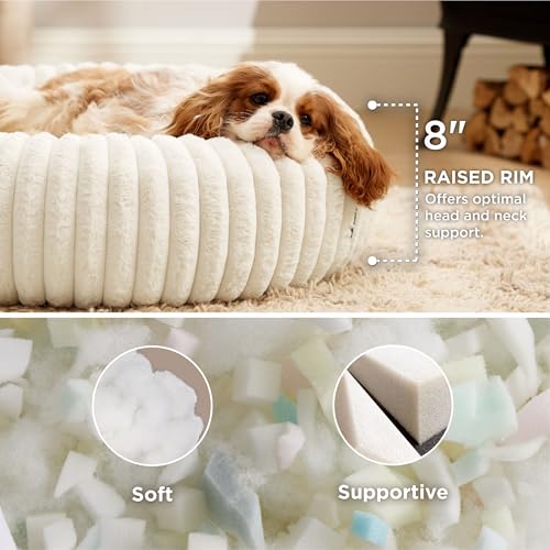 Bedsure Donut Medium Dog Bed - Washable Faux Fur with Corduroy Fleece & Anti Slip Bottom, Round Pet Bed with Removable Cover, Cream, 30x30x8 inches - Image 3