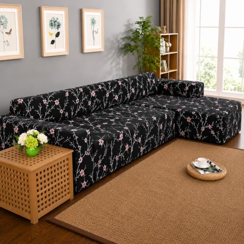 Image of Gifts Island Premium 160GSM Super Soft Black Stem Stretchable Sofa Cover L Shape 6 Seater Fully Covered | Suitable for Both Left and Right Side Chaise Sofa (Black Stem, 3+3 Seater)