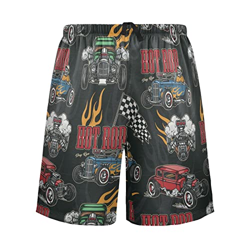 Pigsaly Pajama Shorts Hot Rod Baseball Racing Car Checkered Flag Men's Pajama Bottoms Sleep Pajama Drawstring Shorts L