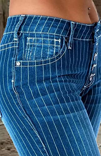 Women's Vintage Striped Ripped Bell Bottom Jeans High Waist Stretchy Hem Raw Flared Denim Pants4