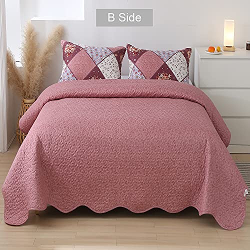 Pink Quilt Set Full Queen Size Patchwork Quilted Bedspread Coverlet Set 3-Piece Floral Reversible Lightweight Stitched Comforter Bedding Set Bed Sheet Cover Blanket With 2 Pillow Shams For All Season #TOP3