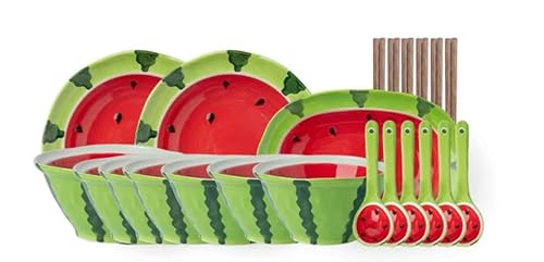 yakedoworks 和食器 釉下彩 西瓜デザイン どんぶり ボウル 皿 マグ カトラリー 保存瓶 食器セット 手描き 陶器 おしゃれ かわいい カフェ風 電子レンジ 食洗機 オーブン 消毒キャビネット 対応 ギフト プレゼント (六人食22点セット)