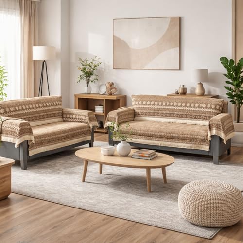 Image of Elegant Woven Brown Sofa Cover Soft Chenille Traditional Pattern with Lace Style | L-Shape Sectional Seat Protector for Living Room Durable & Stylish Slipcover 3+2 Seater with Arms