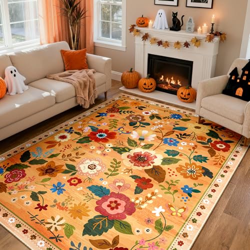 Floral 8x10 Area Rug Machine Washable Soft Print Boho Carpet Non Slip Doormat Low Pile Flower Area Rugs for Living Room Bedroom Nursery Kitchen Dining Room Indoor-Yellow/Orange