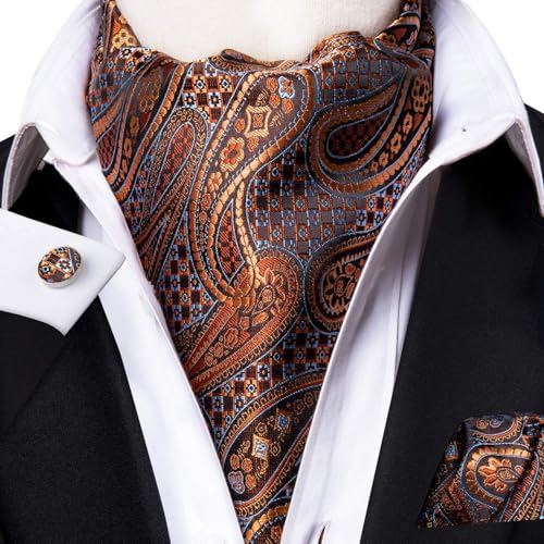 Image of Hi-Tie Silk Ascot for Men Self Tie Men's Cravat and Flower Lapel Pin Handkerchief Cufflinks Set for Wedding Party