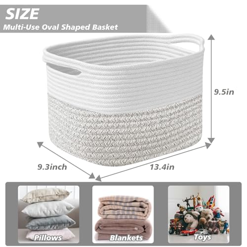 Image of Woven Storage Basket, Cotton Rope Closet Organizers Bins for Clothes Blanket Towels, Stylish Gift Baskets with Handles, 13.4 x 9.3 x 9.5 in, White and Grey (Pack of 1)