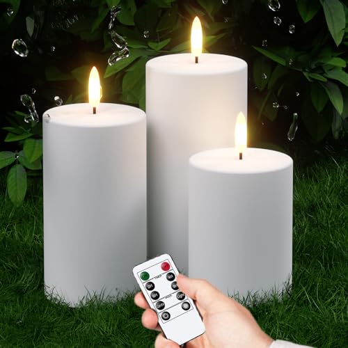Image of Wondise IP65 Outdoor Waterproof Flameless Candles with Remote & Timer | Battery Operated LED Candles with 3D Wick White Plastic Pillar Candles for Outdoor Decoration Set of 3(D3 x H4 /5 /6 Inch)