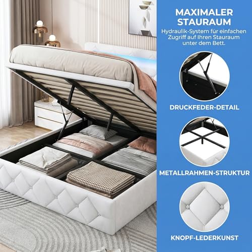 BRYXR Bett 140x200, Polsterbett Doppelbett mit LED, Hydraulisch Stauraumbett mit Lattenrost, Verstellbare Kopfteil, Funktionsbett, Jugendbett, Ohne Matratze, Beige Samt