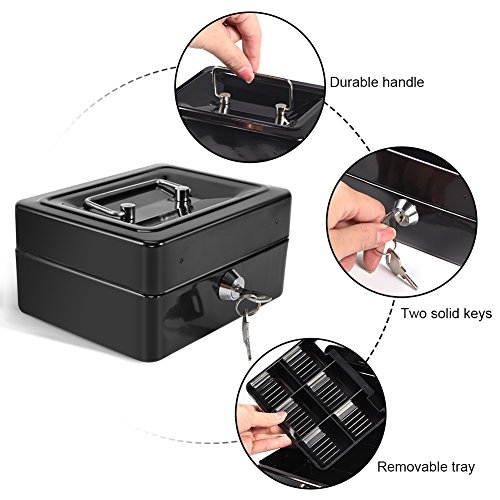 DEWIN Lockable Cash Tin - Lockable Money Tin Mini Portable Steel Petty Lockable Cash Money Coin Safe Security Box Household 1Pc (Black) - Image 2