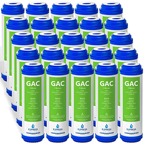 Express Water – 25 Pack Granular Activated Carbon GAC Water Filter Replacement – 5 Micron – 10 inch – Under Sink and Reverse Osmosis System