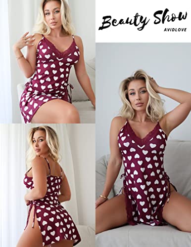 Image of Avidlove Women's Lingerie Sexy Nightgown Milk Silk Sleepwear Lace Babydoll Chemise Side Slit Nightie with Thong