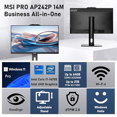 Image of msi PRO i7 Business All-in-One Desktop, 23.8 inch IPS FHD 100Hz Eye-Care Display, Intel Core i7-14700, 32GB DDR5, 1TB SSD, IR FHD Webcam, Wi-Fi 6E, HDMI, DP, AI PC, Wireless KB & Mouse, Windows 11 Pro